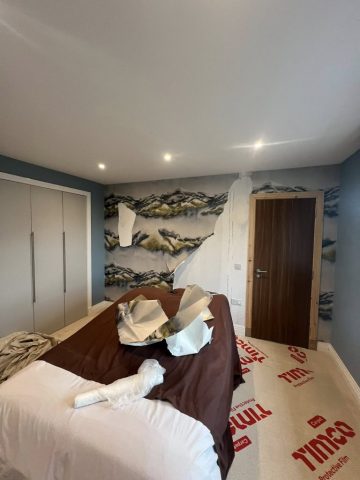 Modern wallpaper installation in Strathaven bedroom by Kastle Decor